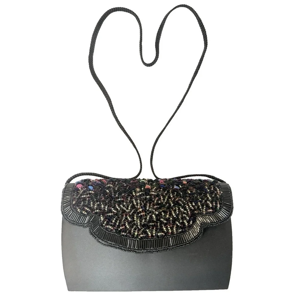 VTG La Regale Clutch Black‎ Satin Beaded Prom Mermaidcore Iridescent 